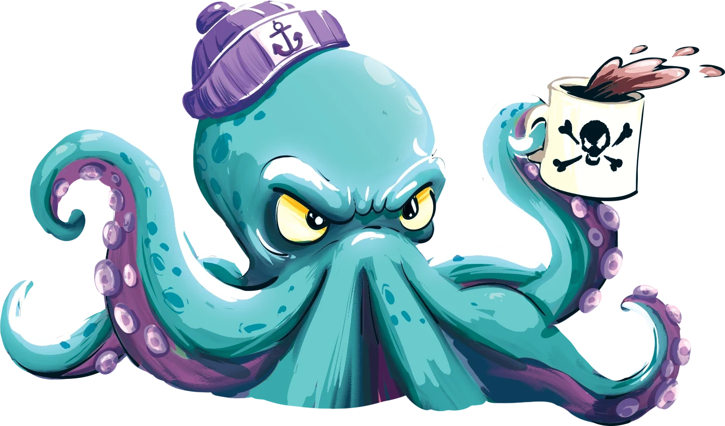 Cranky the Kraken wearing a woolly hat and holding a steaming mug