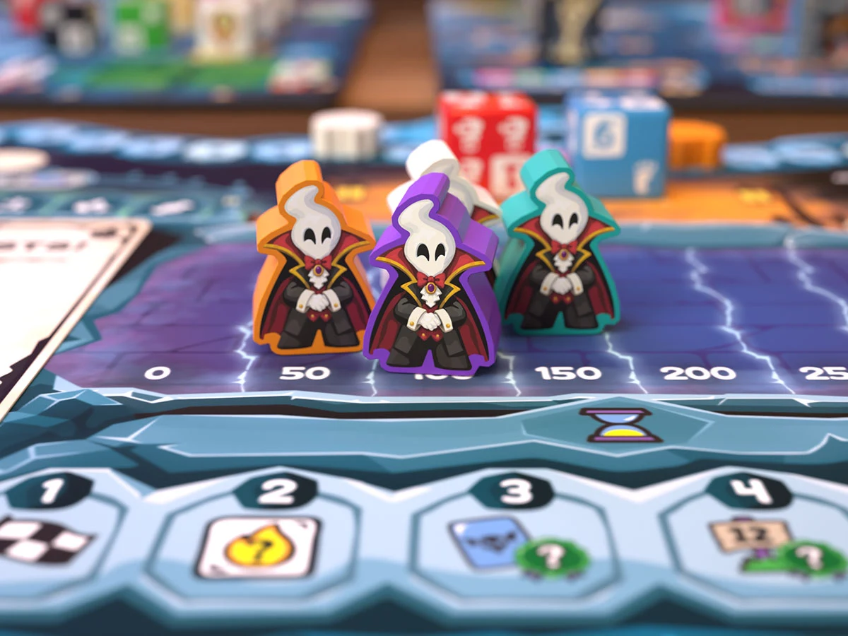 Colored Grim Lord pieces gathered on the purple numbered Prestige track