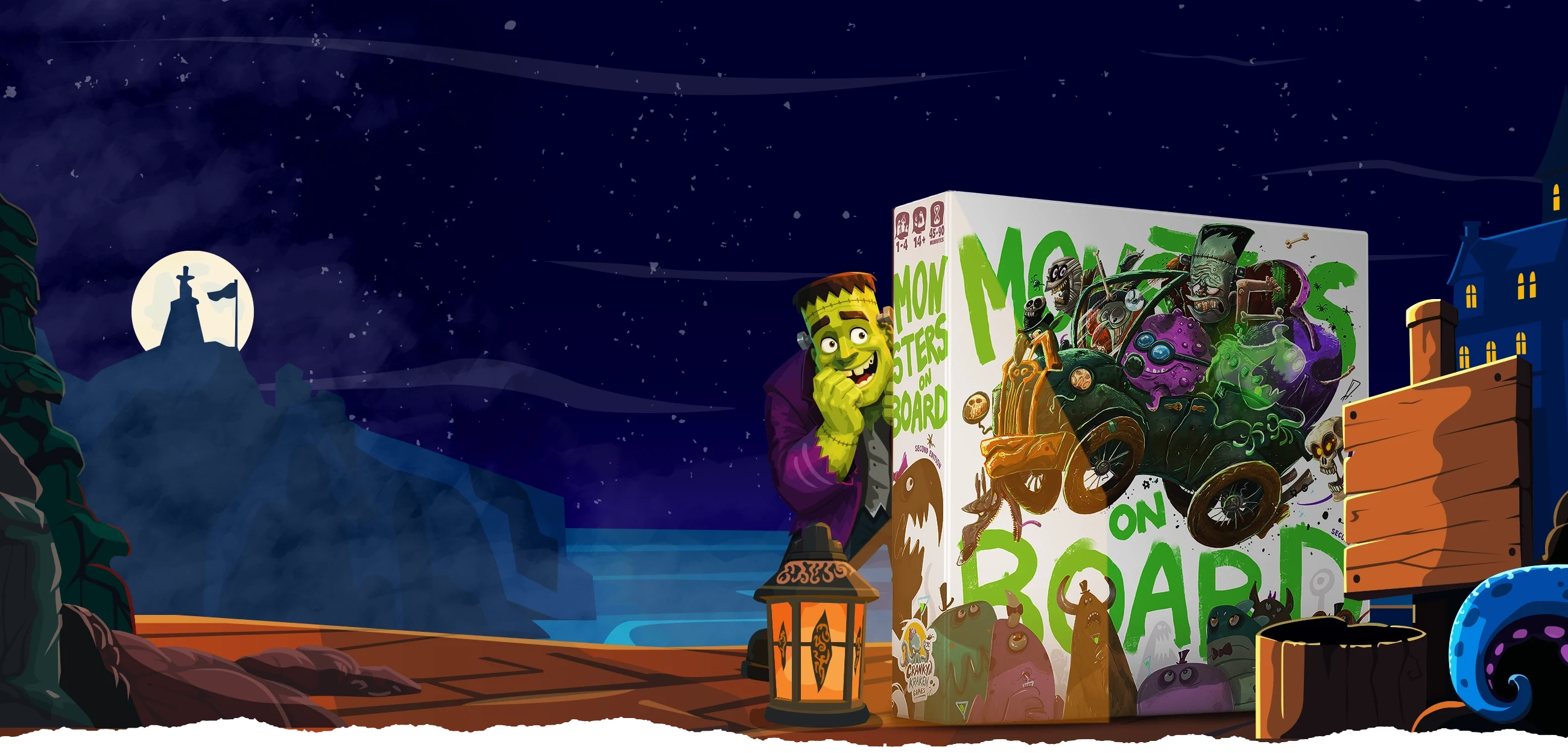 Monsters overlooking the moonlit town of Startleton