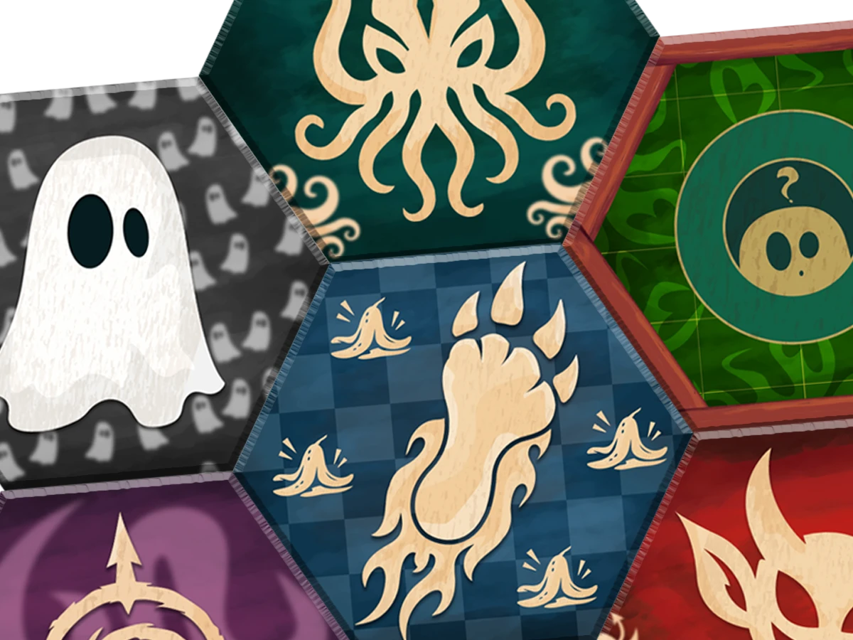 Colorful Party Theme tiles with ghost, kraken, mystery, and monster symbols