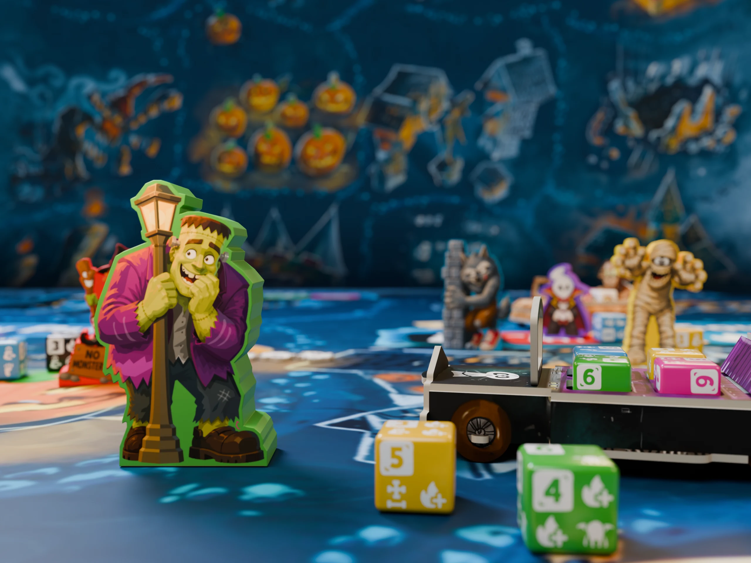 A green Frankenstein Monster holding a lantern on the town board, beside Guest Dice and a Fearmobile